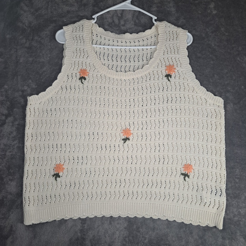Floral Embroidered‎ Boho Chic Pointelle Knit Sweater Vest Cream 1XL